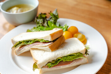 Ham Sandwich and Salad Breakfast on White Plate / ハムサンドとサラダの朝食
