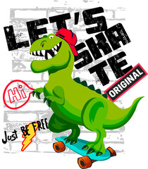Print on a T-shirt with a cartoon dinosaur on a skateboard. Let's skate. Print for the web, textiles, fabric, wrapping paper, clothes, backpacks, wallpaper, cover, open.
