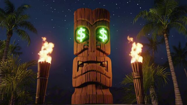 Tiki statue with glowing $ sign eyes, surrounded by animated torches and swaying palm trees