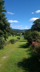 Idyllic summer landscape of a green valley with a lake and rolling hills