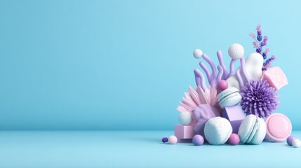A pastel purple and pink abstract arrangement of geometric shapes, spheres, and floral elements set against a light blue background.