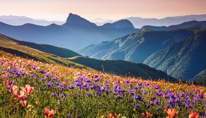 Fototapeta premium mountain landscape with vibrant wildflowers in foreground