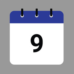 Vector calendar icon illustration with day 9, date, month, and year for event and holiday planning template design