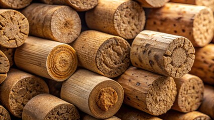 A Detailed Close-Up of a Pile of Natural Brown Cork Cylinders, Showing Texture and Variations in Shape and Size