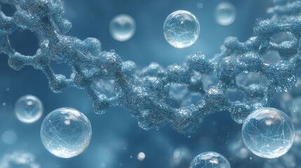 Blue textured illustration of microscopic cell biology with 3D rendered bacteria, DNA, and a microscope for medical science research