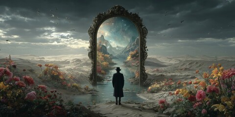 Surreal landscape with a man standing before an ornate mirror reflecting a mountain scene and starry sky