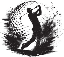 Depicts a silhouetted golfer in mid-swing, surrounded by creative black and white splatter effects in a circular frame. Perfect for themes of sports, golf, art, and motion.