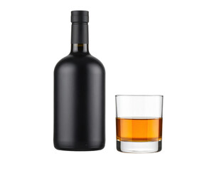 A matte black bottle and a glass filled with amber whiskey are displayed side by side.