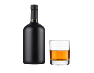 A matte black bottle and a glass filled with amber whiskey are displayed side by side.