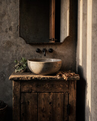 
Rustic bathroom with a vanity made of reclaimed wood, concrete sink, and tall, old-fashioned mirror.