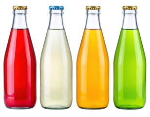 Four glass bottles filled with red, clear, orange, and green liquid, each sealed with a metal cap.