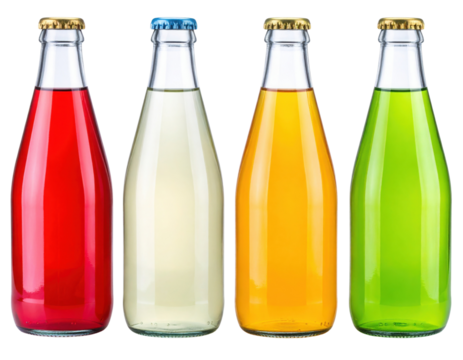 Four glass bottles filled with red, clear, orange, and green liquid, each sealed with a metal cap.