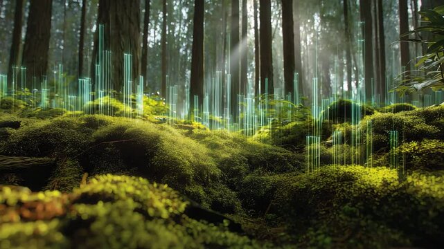 Digital vernetzter Wald mit gr&uuml;nen Datenimpulsen als Zukunftsvision der Umwelt&uuml;berwachung. K&uuml;nstliche Intelligenz KI