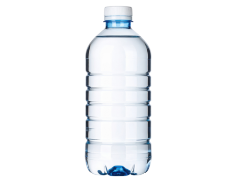 A clear plastic water bottle with a white cap, filled with water, characterized by a ribbed design for grip.