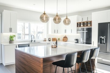 Minimalist pendant lamps illuminate modern kitchen island bright and stylish space interior design home contemporary living