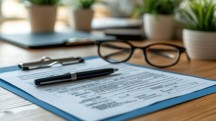 Documents, pen, glasses on desk