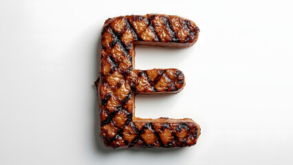 Grilled steak shaped as letter E with char marks on white background, showcasing creative and appetizing meat presentation