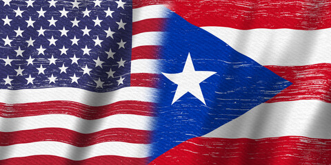 Distressed waving USA flag stars and stripes and Puerto Rico state flag background