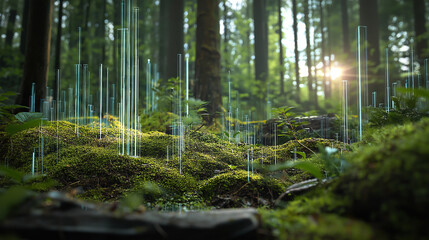 Digital vernetzter Wald mit grünen Datenimpulsen als Zukunftsvision der Umweltüberwachung. Künstliche Intelligenz KI