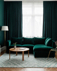 A modern living room in deep emerald green with walls, curtains and velvet upholstery.