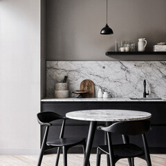 Minimalist kitchen with sleek corner cabinets and round marble dining table