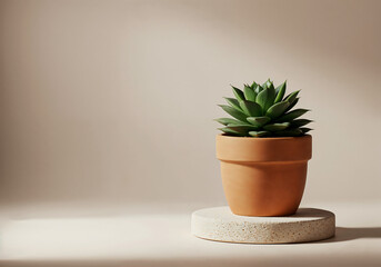 Minimalist Still Life of Green Succulent in Terracotta Pot on Neutral Pedestal with Soft Off-White Background