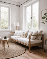 Japanese living room with low-rise oak sofa, off-white linen cushions, and jute rug