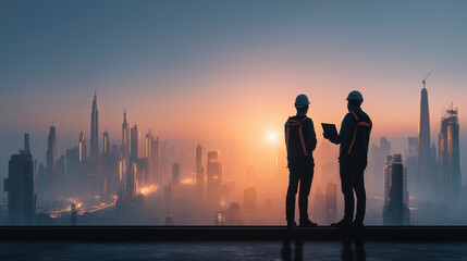 Fototapeta premium Silhouetten zweier Bauplaner vor leuchtender Stadtlandschaft am Abend. Künstliche Intelligenz KI
