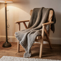 Light oak armchair with thick knit blanket and warm lighting