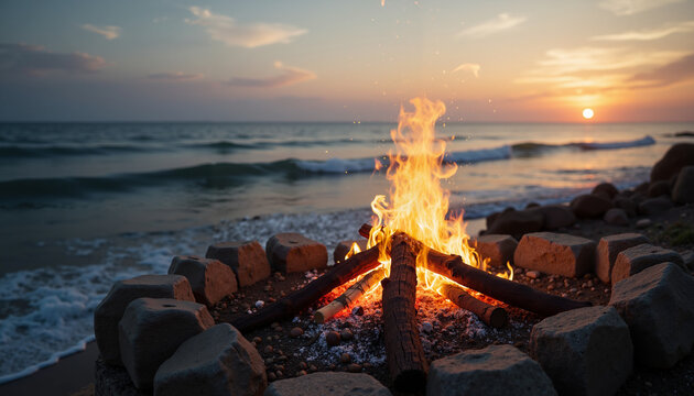 Bonfire on a cliff overlooking the ocean at sunset