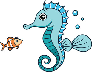 Elegant Line Art Seahorse With Tiny Fish.