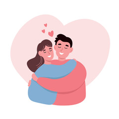 Happy couple in love together. Boy and girl hugging on the background of heart. Vector flat graphics.