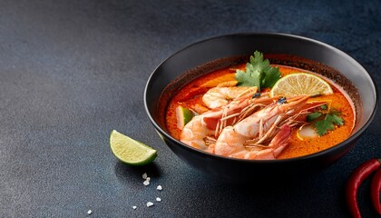 A bowl of Thai Tom Yum soup with shrimp, garnished with fresh cilantro, lime, and chili, served on a dark concrete background for an authentic and flavorful Thai experience.