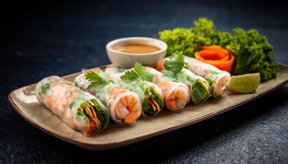 A plate of Vietnamese fresh spring rolls filled with shrimp, vegetables, and herbs, served with a peanut dipping sauce, garnished with a lime wedge and fresh greens. AI