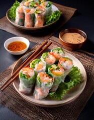 A plate of Vietnamese fresh spring rolls filled with shrimp, vegetables, and herbs, served with a peanut dipping sauce, garnished with a fresh greens. AI
