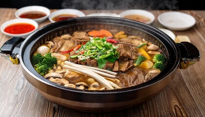 Sichuan hotpot with spicy broth, beef, tofu, mushrooms, and vegetables, steaming hot and beautifully garnished, surrounded by dipping sauces on a wooden table.