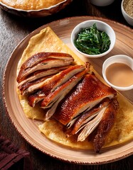 Crispy Peking duck served on thin pancake with hoisin sauce and stir fried greens, presented on a wooden plate in warm natural lighting. AI