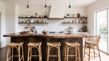 Island table with curved corners and open shelves finished with reclaimed wood rattan bar stools and handmade ceramic