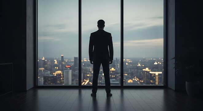 Businessman in silhouette, gazing at a city skyline through a large window.
