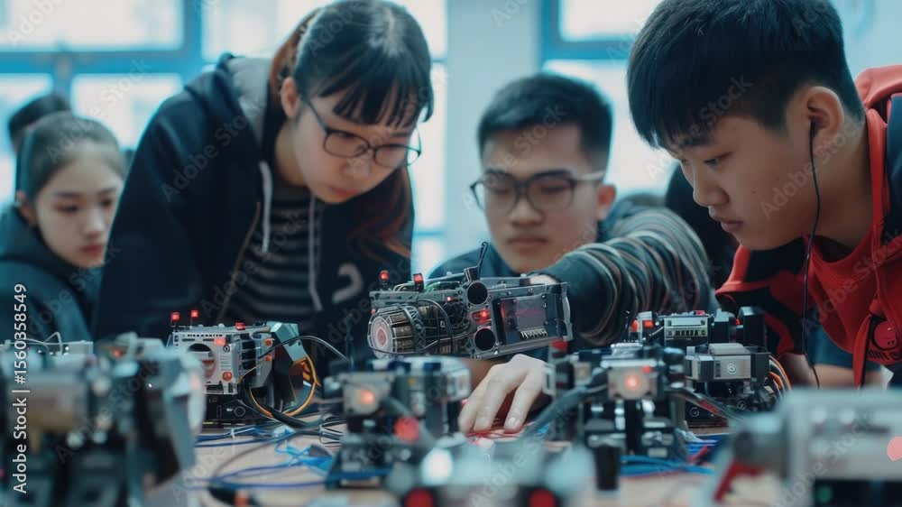 Poster A group of professionals working together to assemble and test a robot
