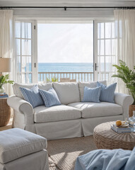 A coastal living room with a soft white linen slipcovered sofa is accented with blue striped cushions and a rattan side table