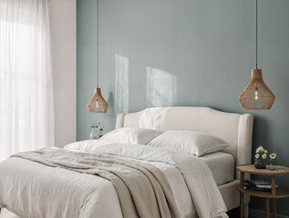 Modern bedroom interior featuring sage green walls, bed headboard, and white linen sheets