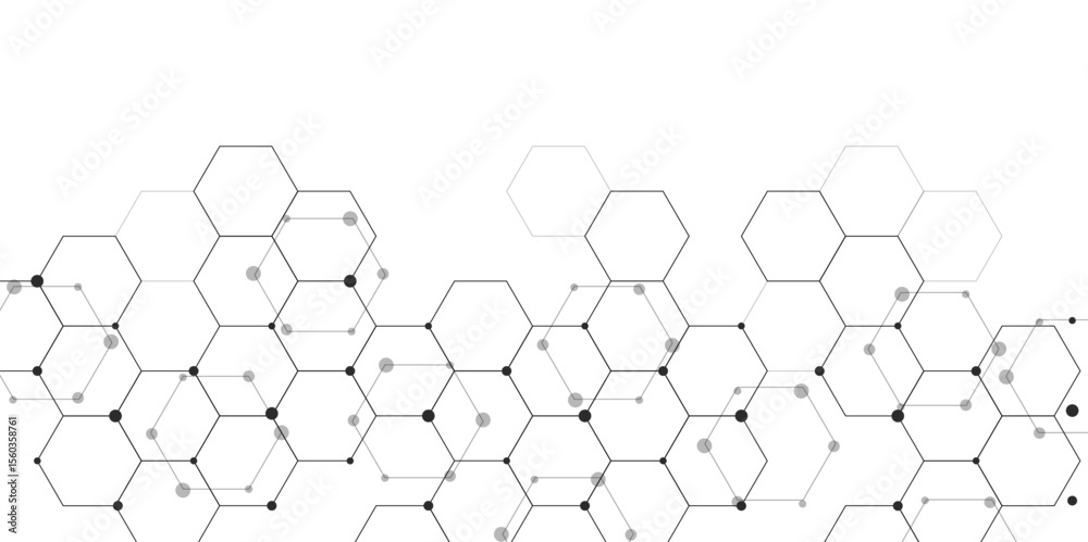 Poster Molecular structure abstract tech background. Geometric white background. Vector banner design with hexagons. Science network pattern, connecting lines and dots Medical background, Vector illustration
