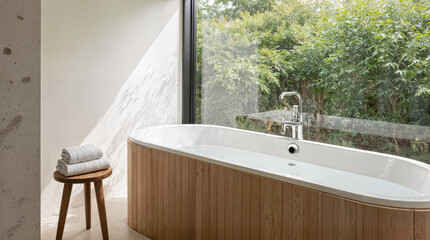 Summer sun bathroom interior with natural wood stool, cypress bathtub, and window with blue sky view