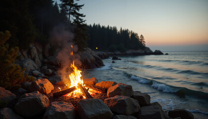 Bonfire by the ocean with waves and trees during twilight  