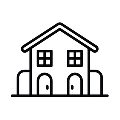 Simple black line art icon of a two story house with two doors and four windows