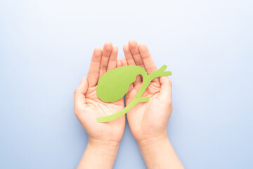 Hands holding gallbladder organ anatomy made from paper on blue background. Awareness of gallbladder diseases include gallstones, cholecystitis and gallbladder cancer.