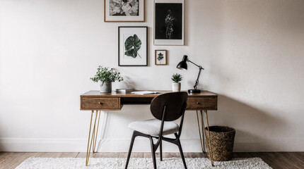 Home office space decorated with vintage wooden desk, brass leg chair and picture frames