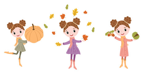 Autumn pretty young girl vector set - women in fall clothing holding pumpkin, leaves, chestnuts and acorns in flat style. Illustration of character for banners, cards, social media