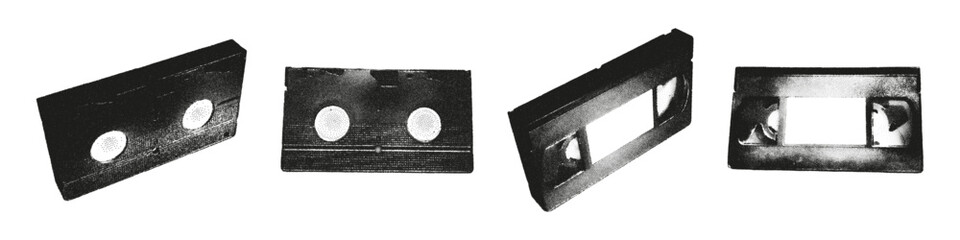 Halftone monochrome stipple elements set. VHS tape, vintage old analog video cassette. Grunge punk dots texture for y2k collage design. Retro photocopy vector illustration on transparent background